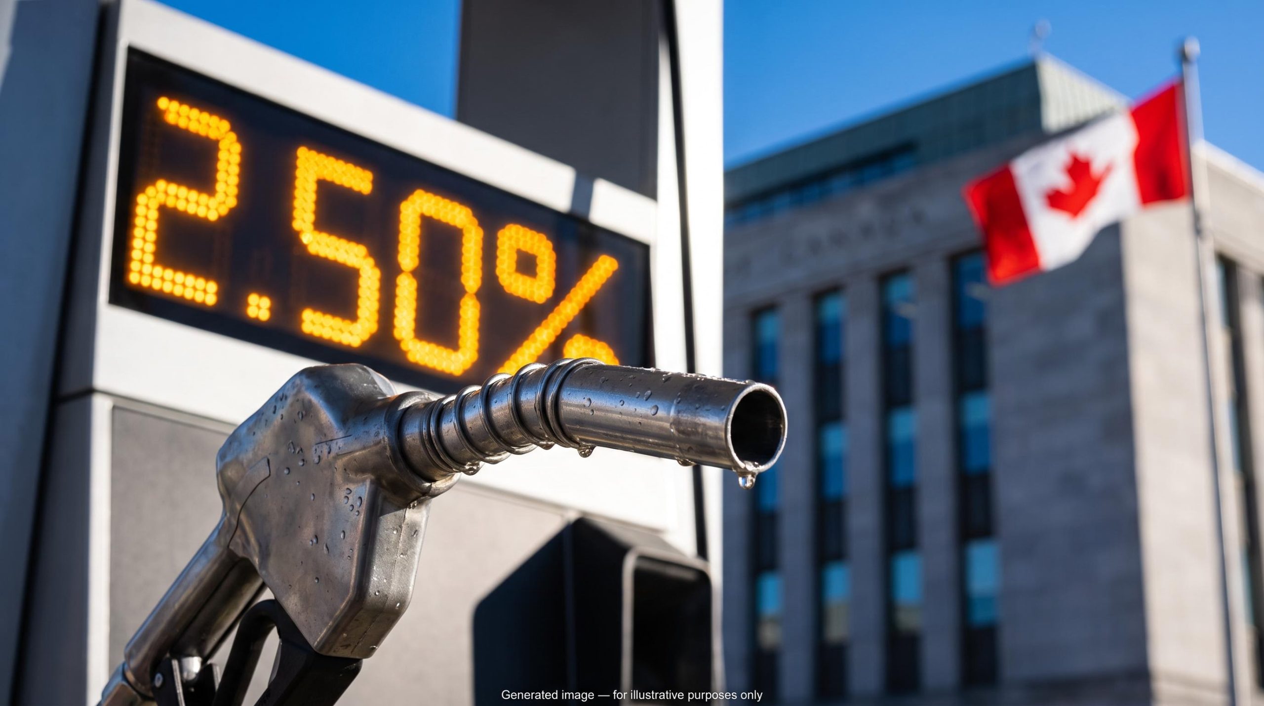 Fuel pump nozzle with 2.50% price display before Bank of Canada building, marking the Bank of Canada rate hike driven by energy