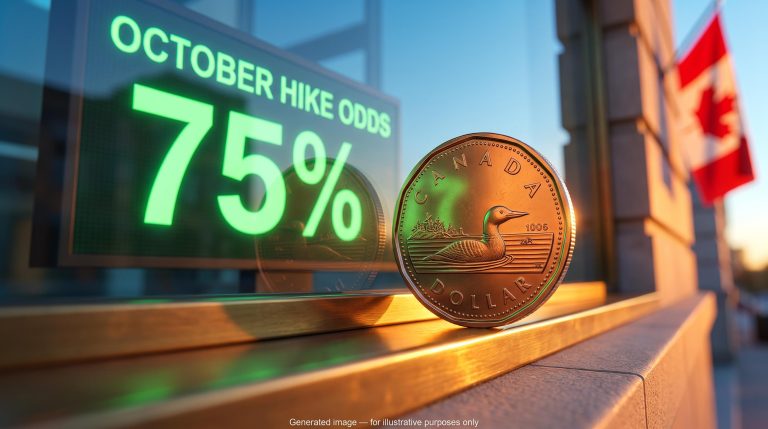 Canadian loonie coin before a glowing 75% October odds board as Bank of Canada rate hike expectations jump