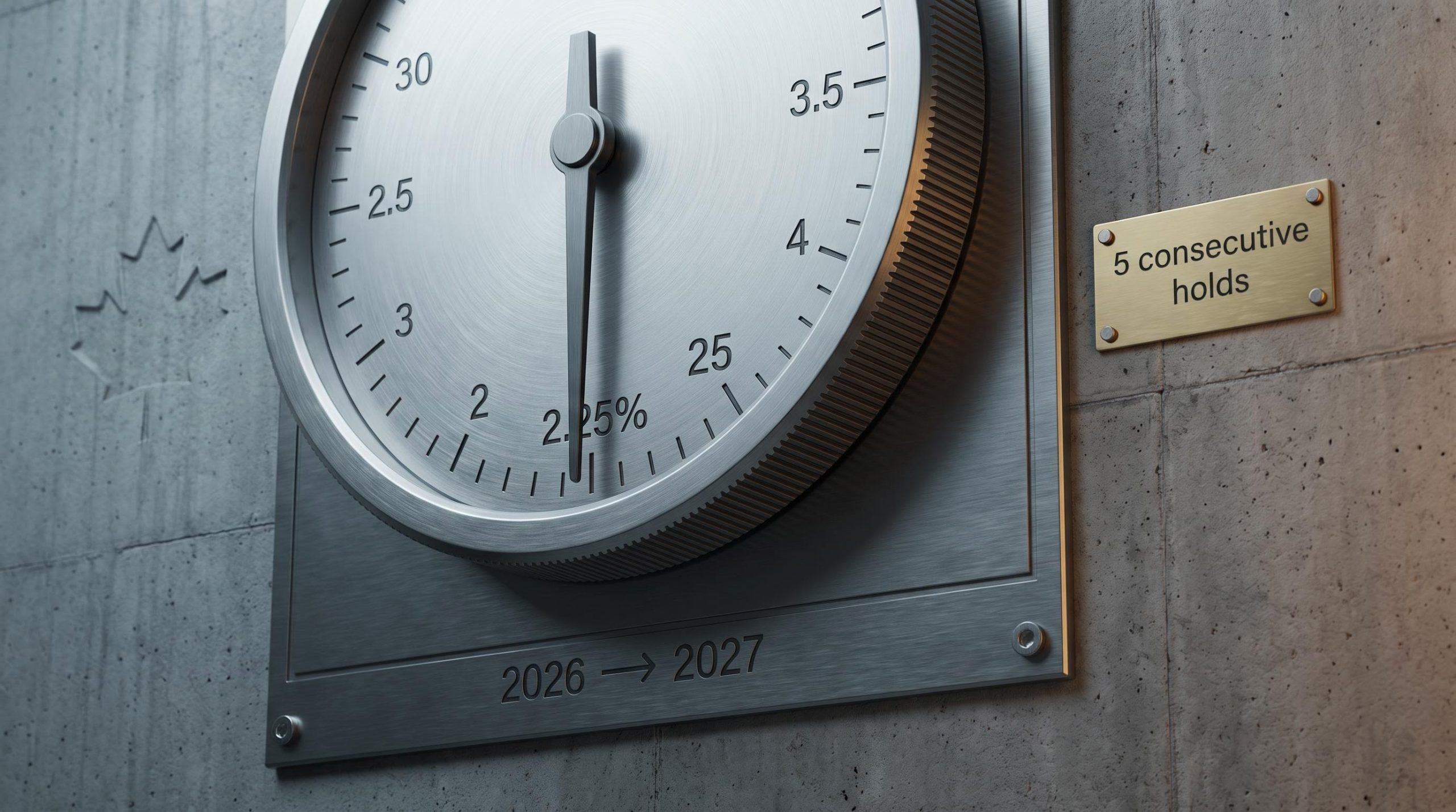 Bank of Canada rate dial locked at 2.25% on institutional concrete wall, signalling five consecutive holds in 2026