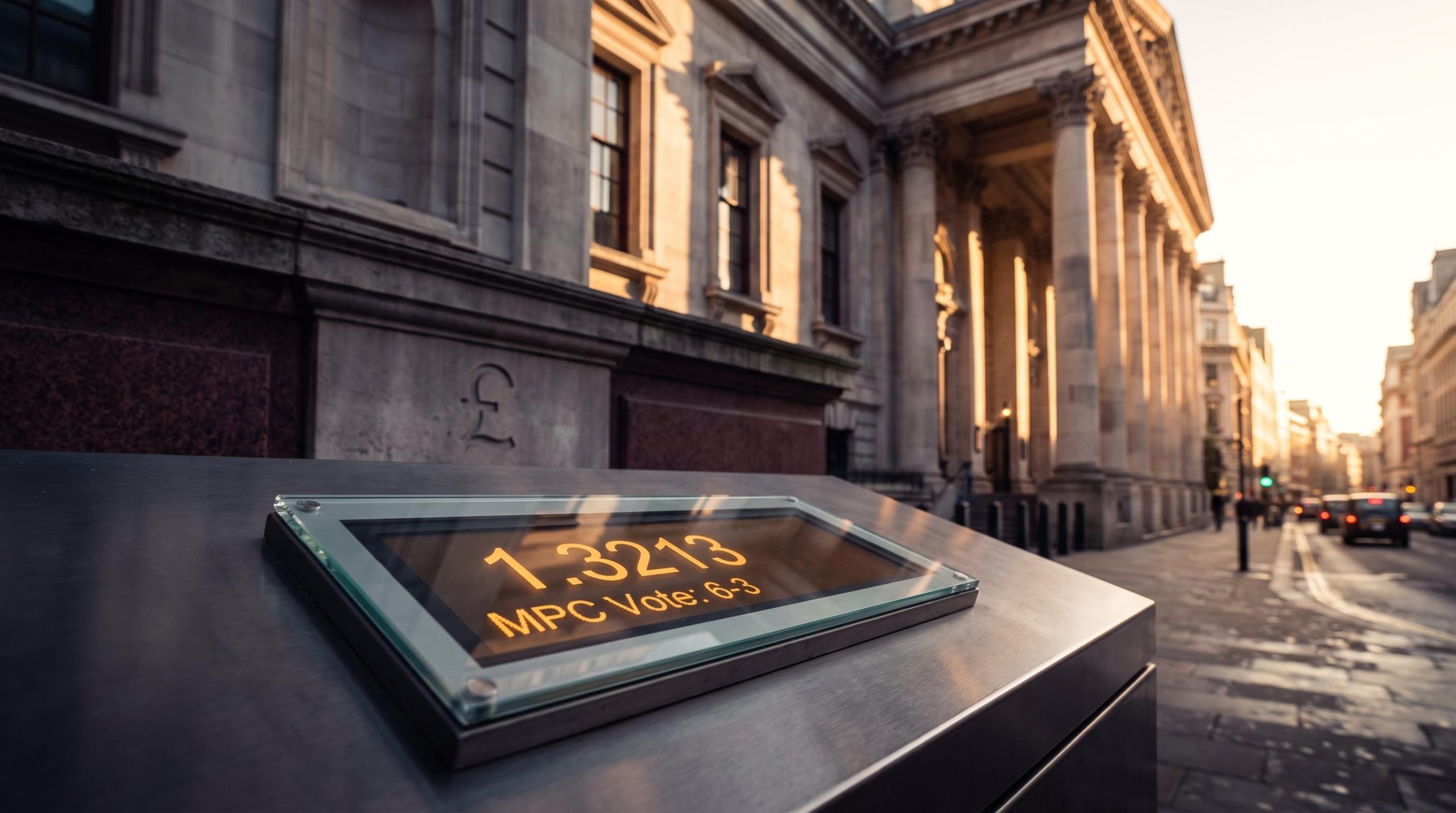 Bank of England facade with GBP/USD rate 1.3213 on screen as the British Pound keeps falling amid rate hold