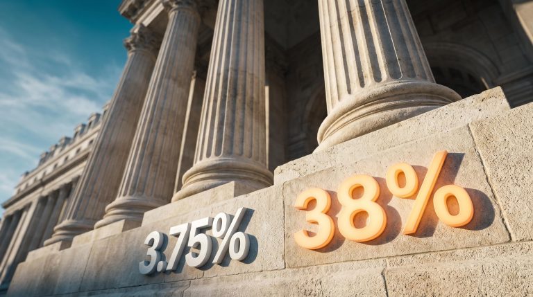 Bank of England's Threadneedle Street facade with 3.75% and 38% etched into stone, examining BoE independence from the Fed