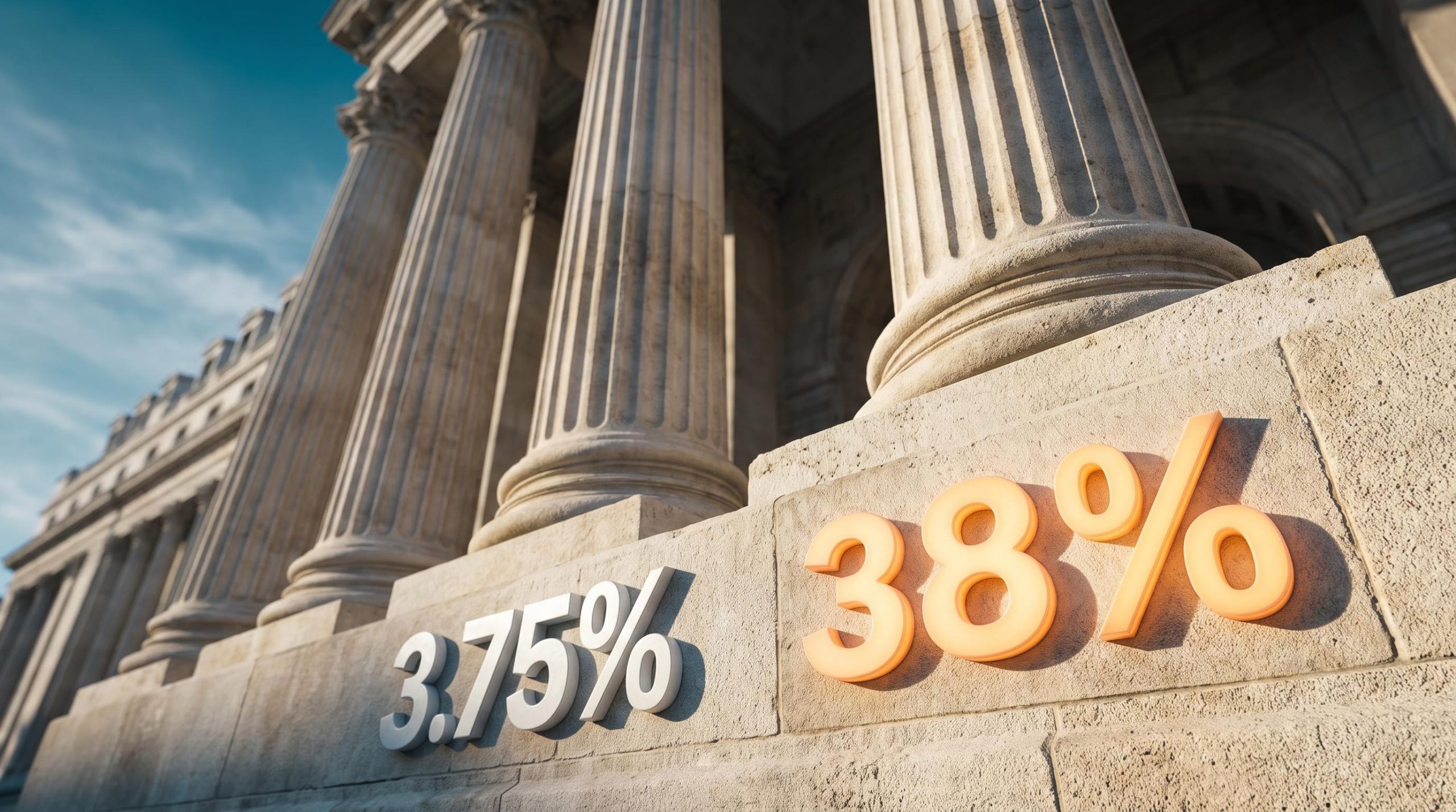 Bank of England's Threadneedle Street facade with 3.75% and 38% etched into stone, examining BoE independence from the Fed