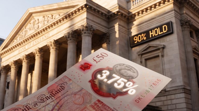Bank of England facade with 3.75% rate hold signal as 90% of economists forecast no change through 2026
