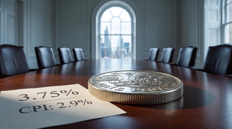 Pound Sterling coin on a Bank of England committee table with 3.75% Bank Rate and 2.9% CPI figures