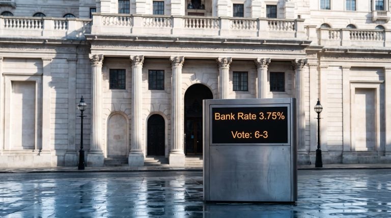 Bank of England façade with Bank Rate 3.75% and 6-3 MPC vote split displayed ahead of rate decision