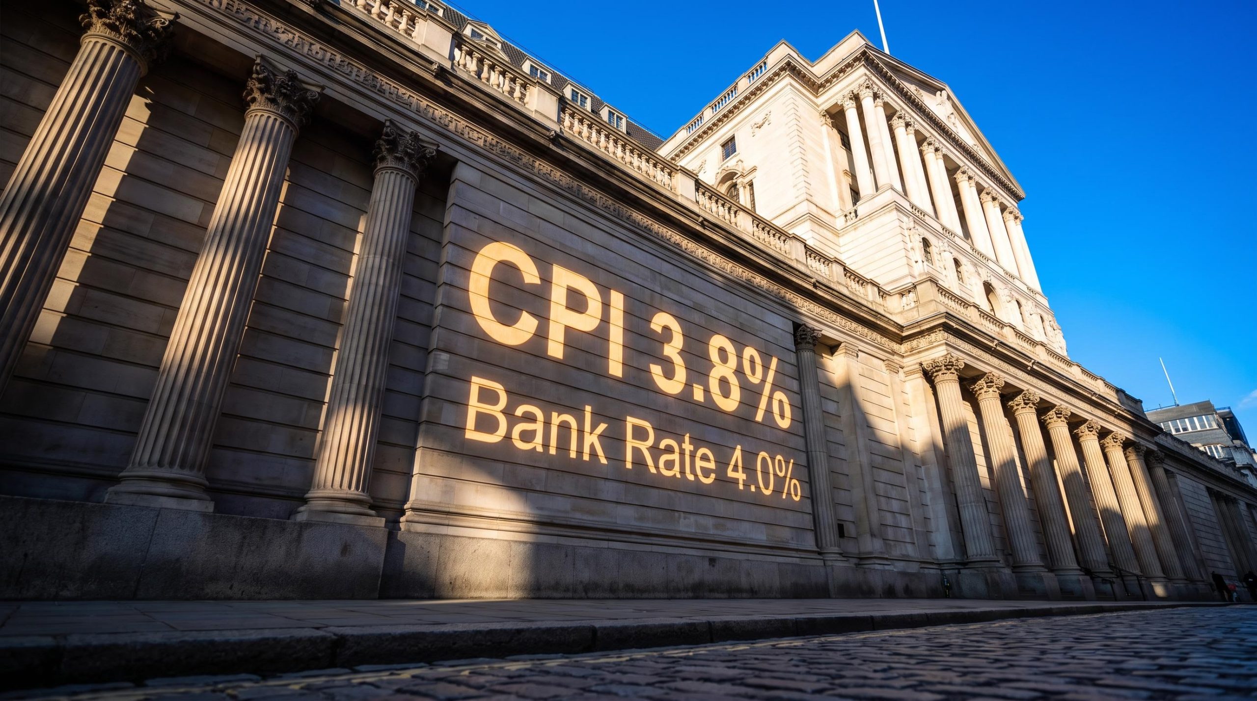 Bank of England facade with CPI 3.8% and Bank Rate 4.0% projected on stone as MPC holds rates