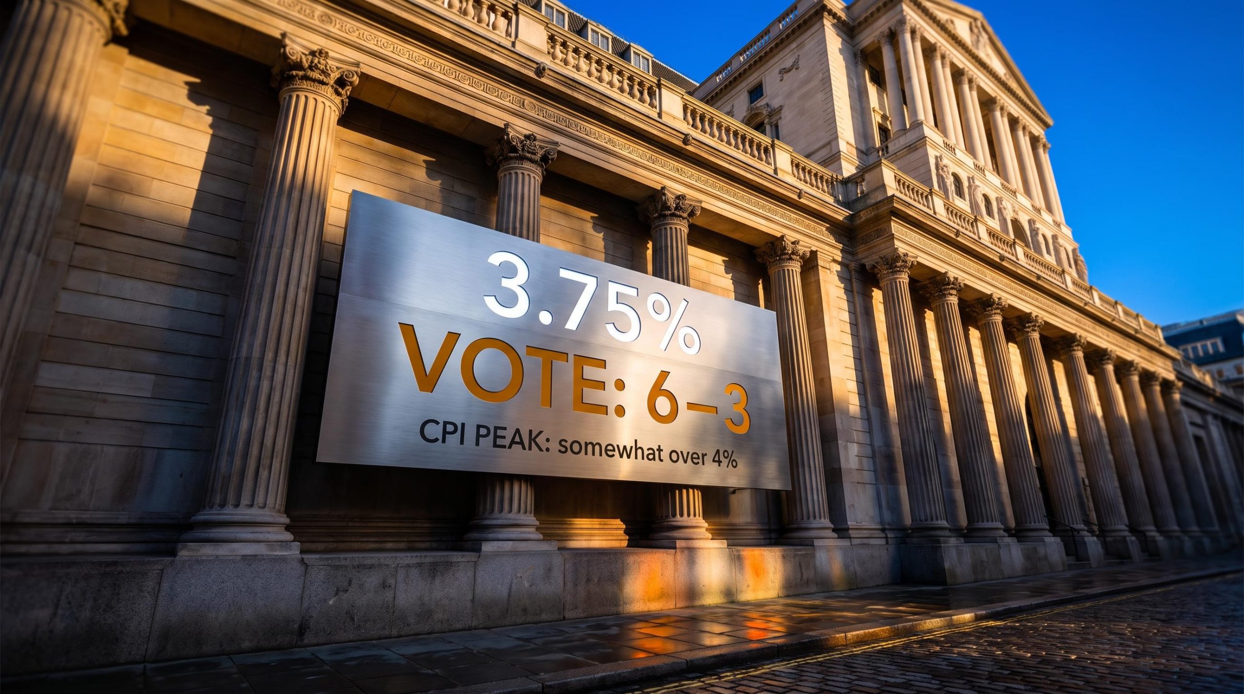 Bank of England facade with 6-3 MPC vote and CPI peak forecast as UK interest rates held at 3.75%