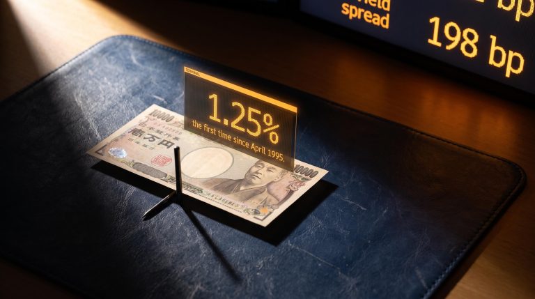 Japanese yen banknote with 1.25% rate overlay marking Bank of Japan's first hike to this level since 1995