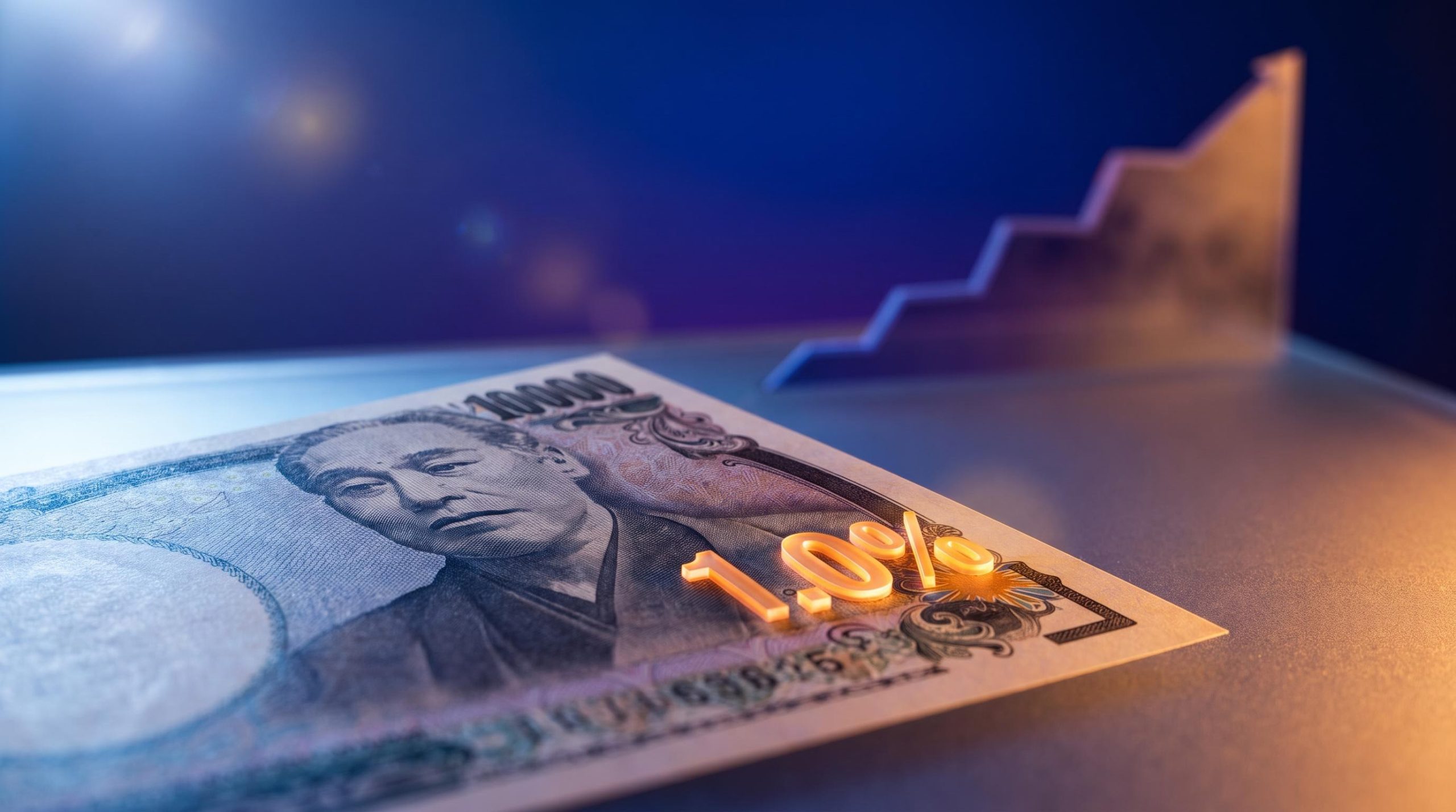 Bank of Japan rate hike path to 1.0% shown through illuminated yen note with ascending rate staircase fading into amber haze