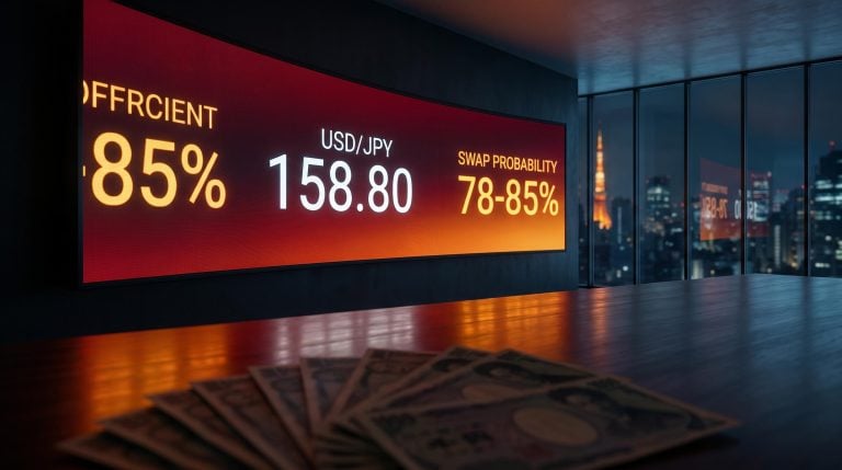 USD/JPY rate at 158.80 on trading screen with 78-85% Bank of Japan rate hike probability as Tokyo skyline glows