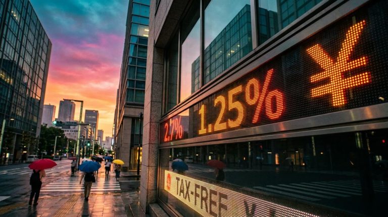 Tokyo skyline ticker board showing 1.25% policy rate and 2.7% inflation ahead of a Bank of Japan rate hike