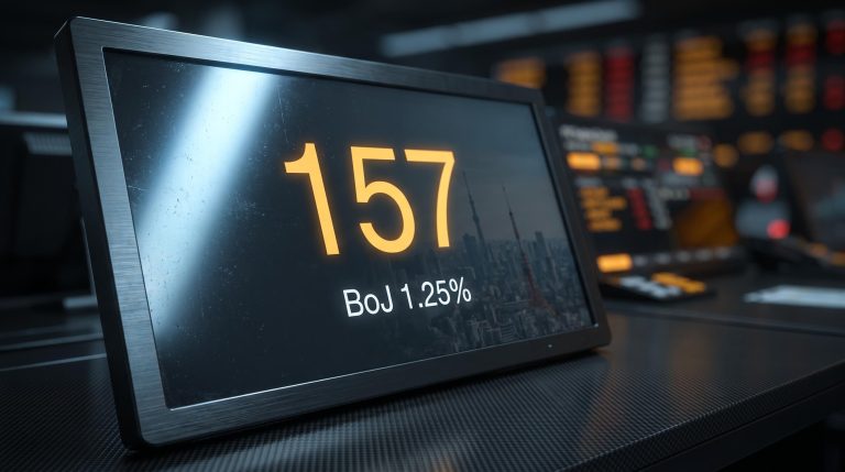 USD/JPY rate above 157 on Tokyo trading terminal as Bank of Japan rate hike reaches 31-year high of 1.25%