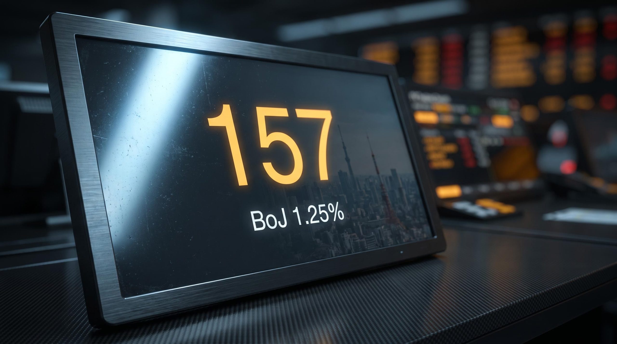 USD/JPY rate above 157 on Tokyo trading terminal as Bank of Japan rate hike reaches 31-year high of 1.25%