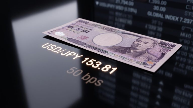 Japanese yen note on obsidian desk with USD/JPY 153.81 terminal projection — Bank of Japan rate hike analysis