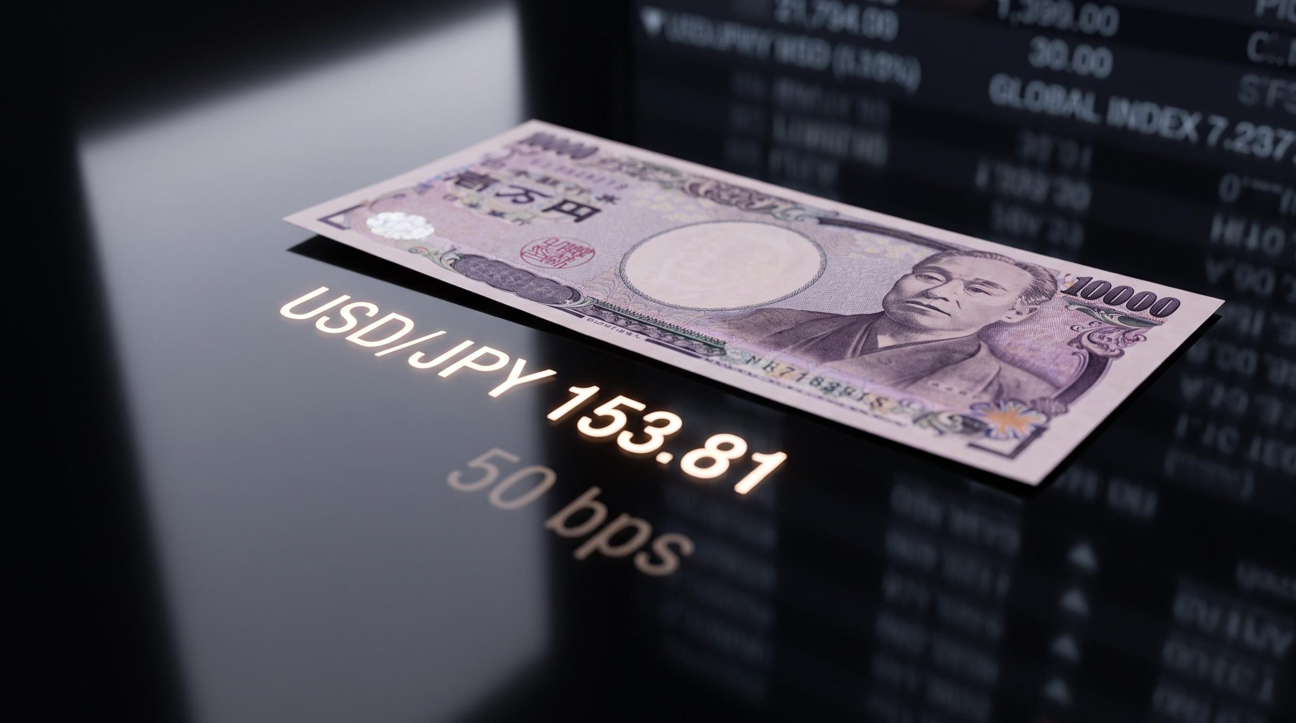 Japanese yen note on obsidian desk with USD/JPY 153.81 terminal projection — Bank of Japan rate hike analysis