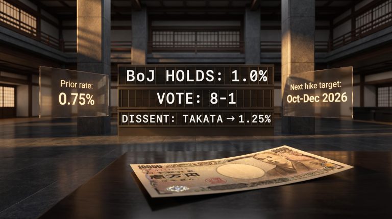 Bank of Japan holds interest rate at 1.0% in 8-1 vote with Takata dissenting for 1.25% hike
