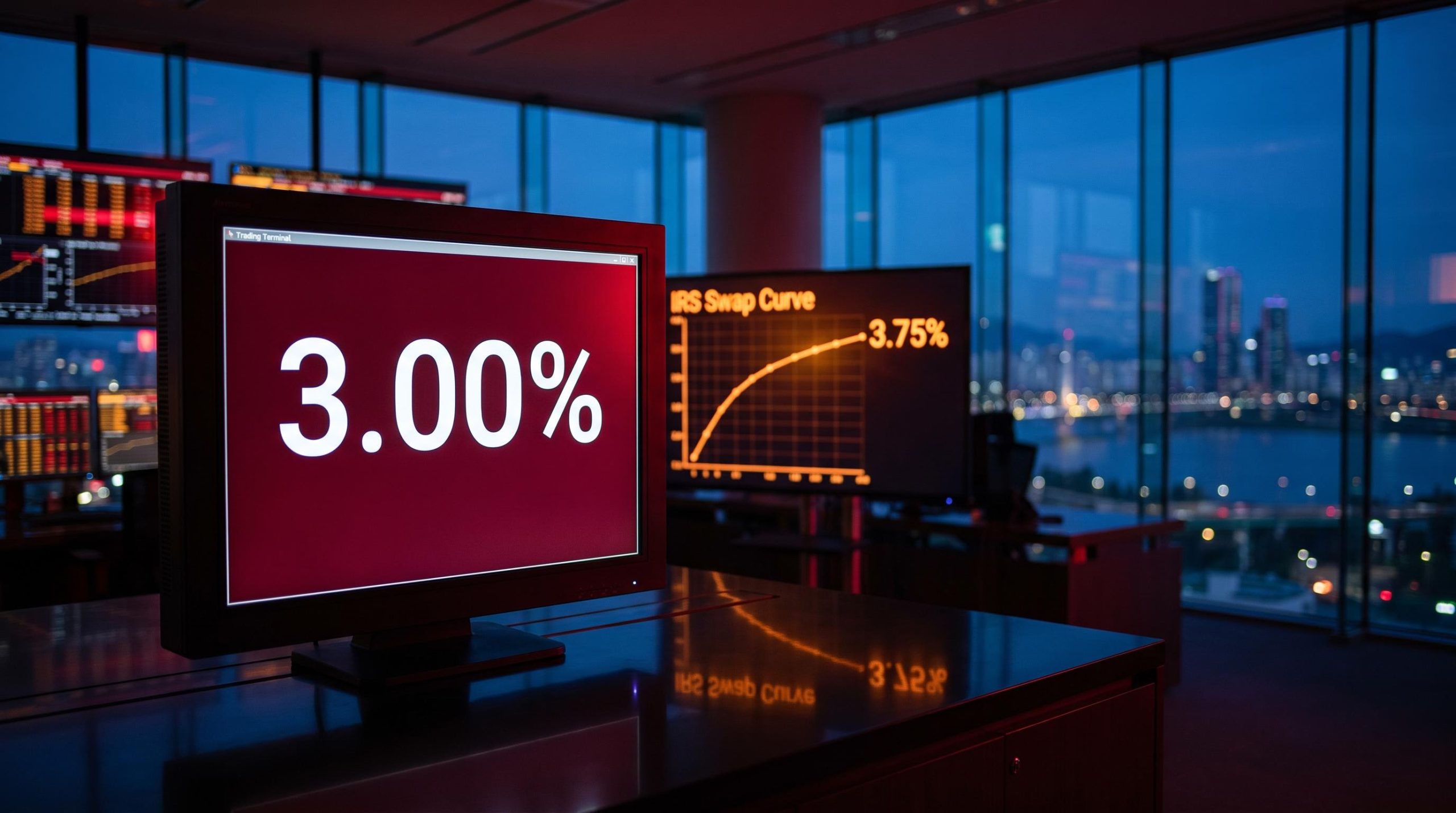 Bank of Korea rate terminal showing 3.00% against IRS swap curve at 3.75% on Seoul trading floor