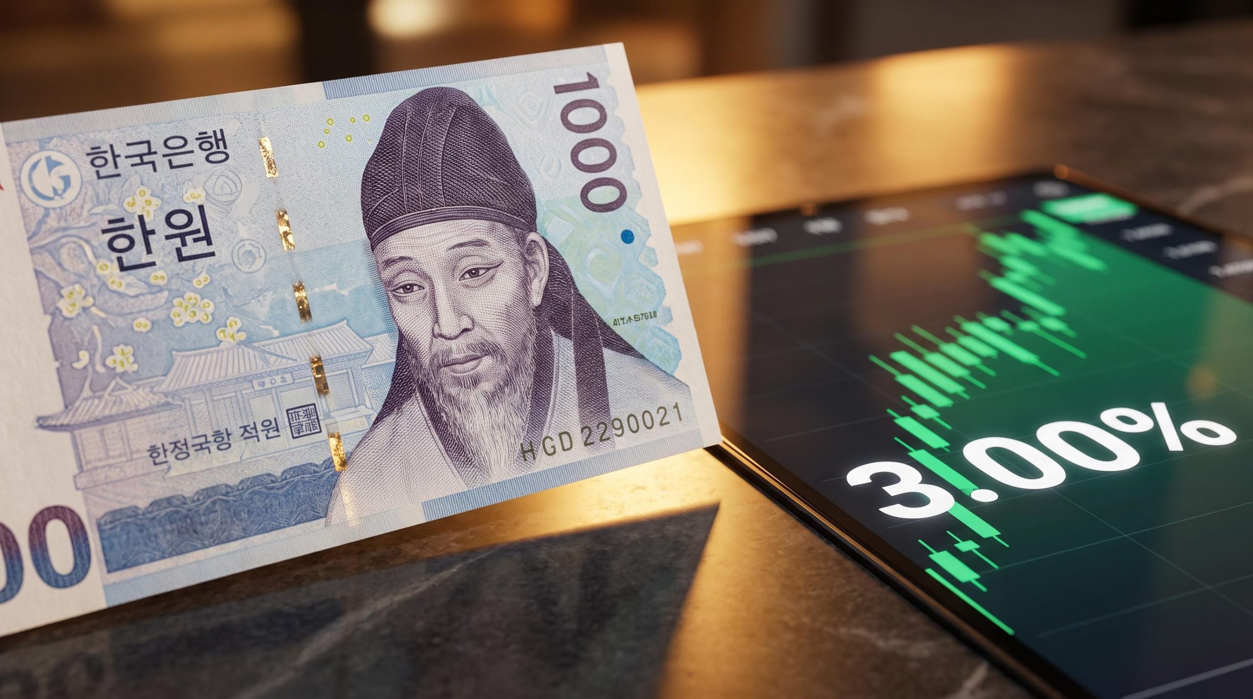Korean won banknote with 3.00% Bank of Korea rate hike display as the won surges 12% year-to-date