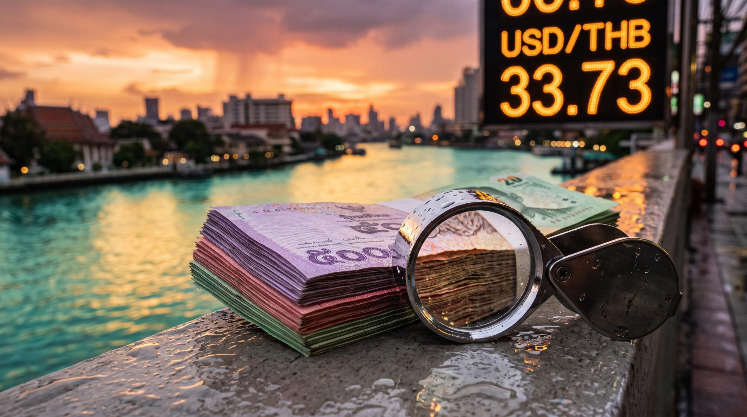 Magnifying glass over Thai baht notes beside a USD/THB 33.73 board, reflecting the Bank of Thailand rate hold
