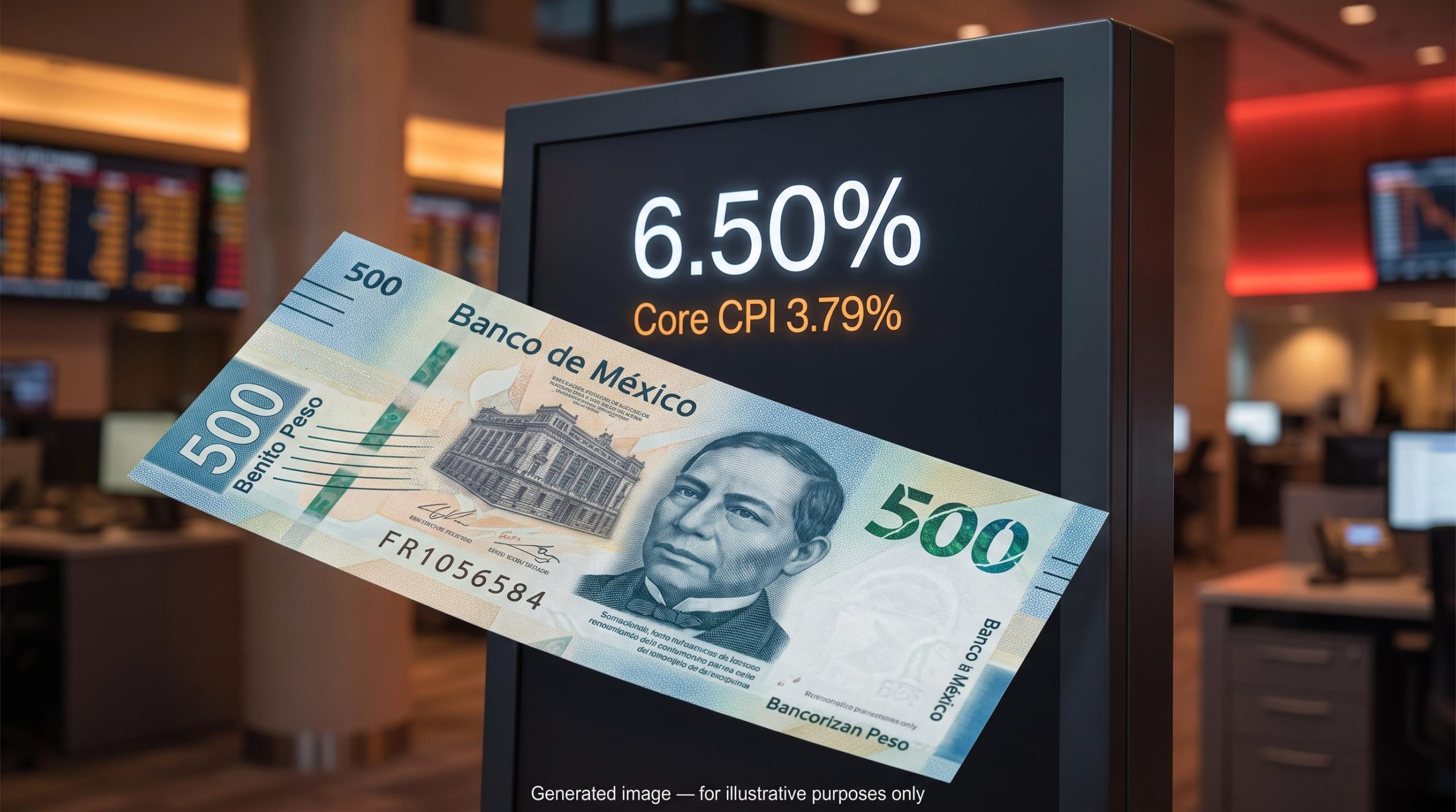 Mexican peso banknote in sharp focus beside a terminal showing 6.50% as Banxico holds its interest rate decision