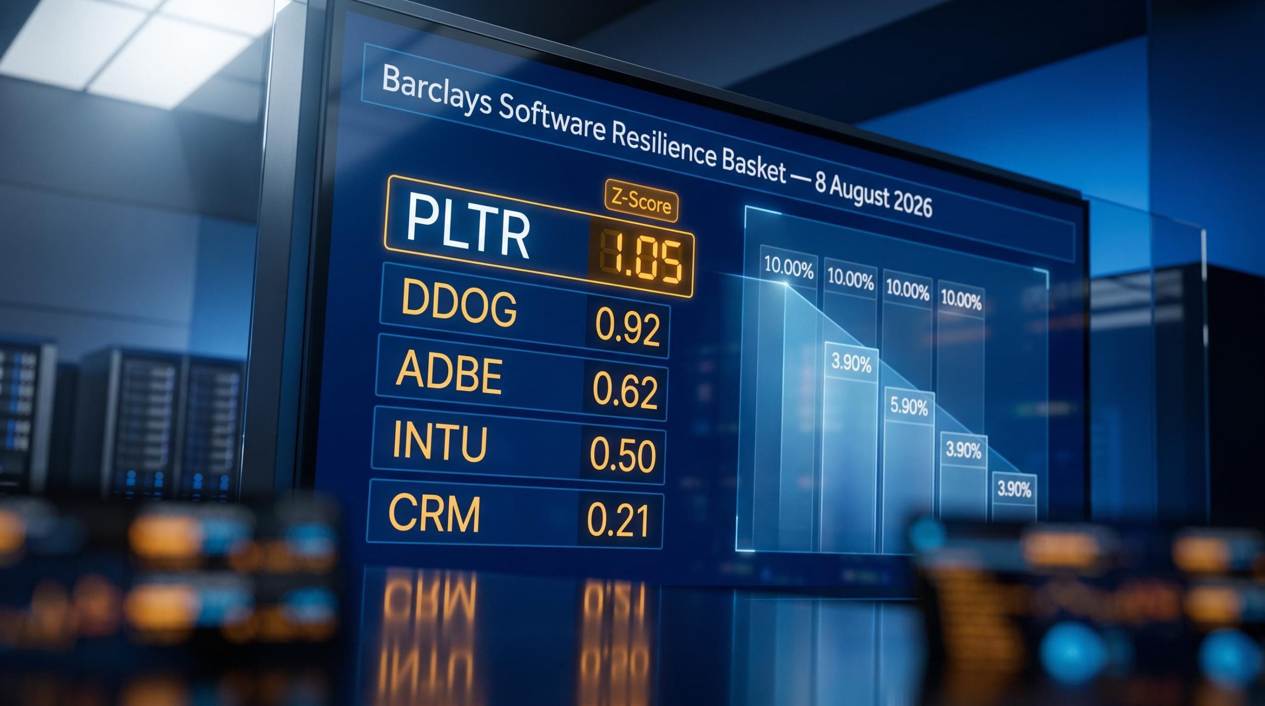 Barclays software stocks Z-Score leaderboard with Palantir at 1.05 on a trading terminal screen