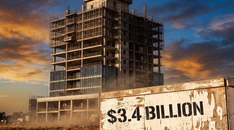 Half-built high-rise tower with $3.4 billion stencilled on site hoarding — private credit risks for retail investors