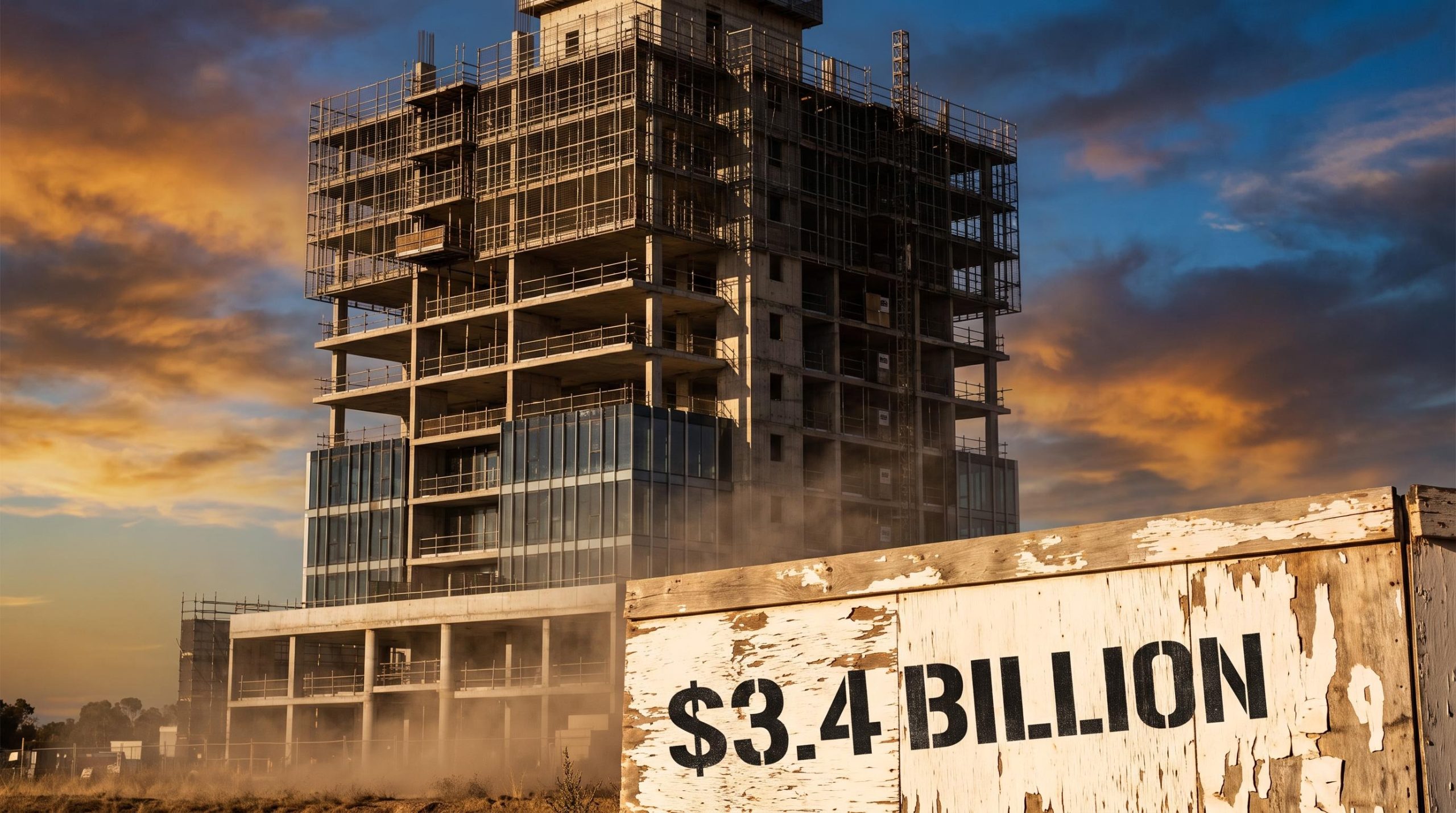 Half-built high-rise tower with $3.4 billion stencilled on site hoarding — private credit risks for retail investors