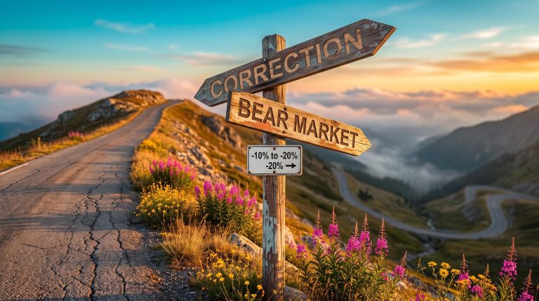 Road fork signpost pointing to correction or bear market, illustrating how to tell a bear market or correction apart