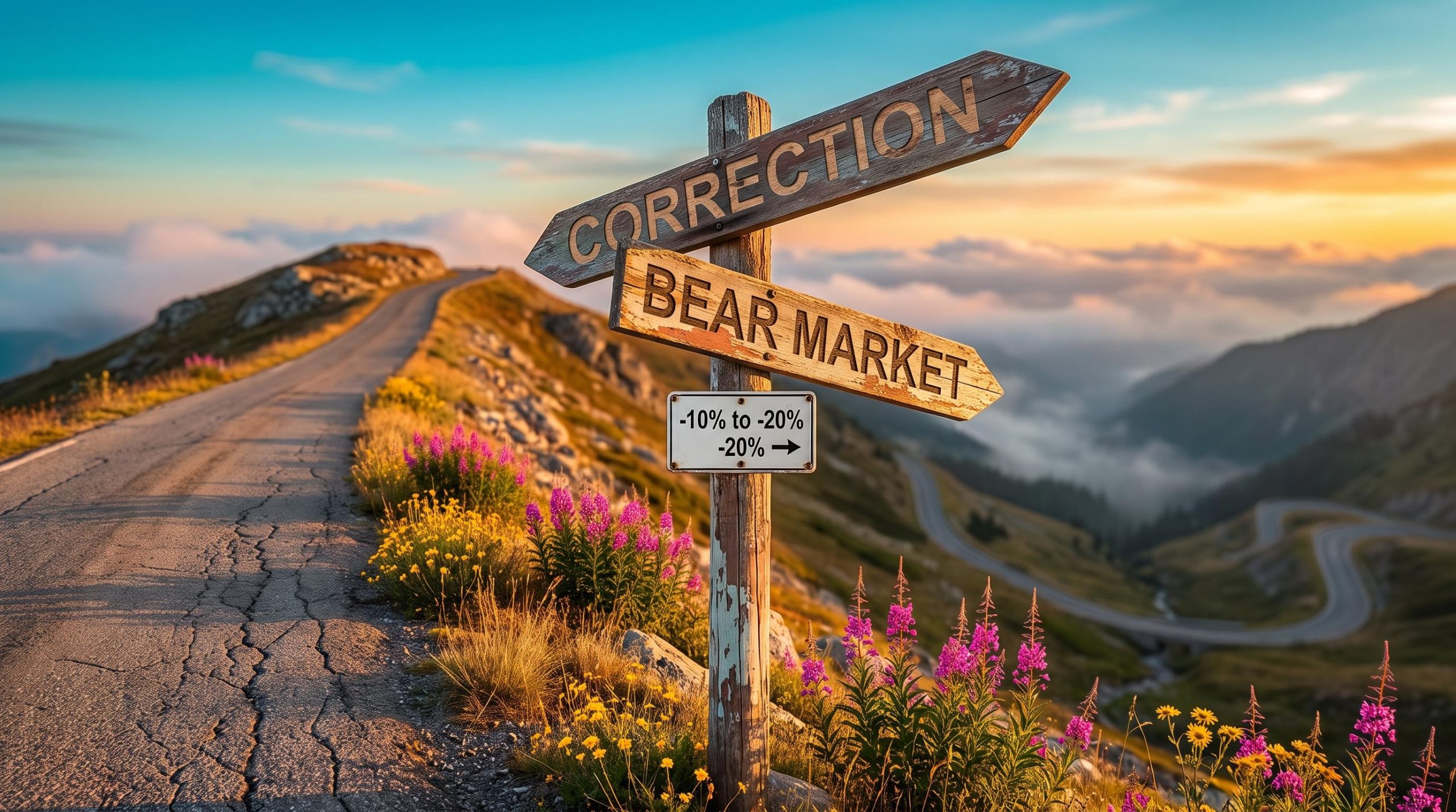 Road fork signpost pointing to correction or bear market, illustrating how to tell a bear market or correction apart