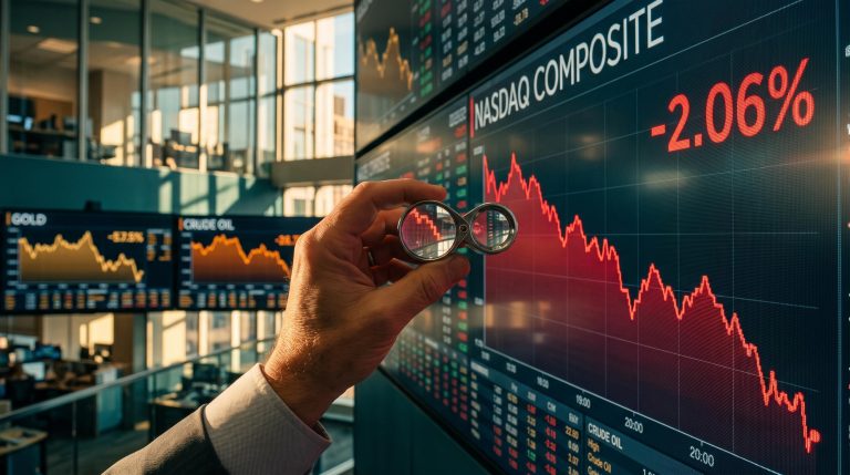 Trader's loupe over a falling Nasdaq chart showing -2.06% in a bear market playbook cross-asset analysis