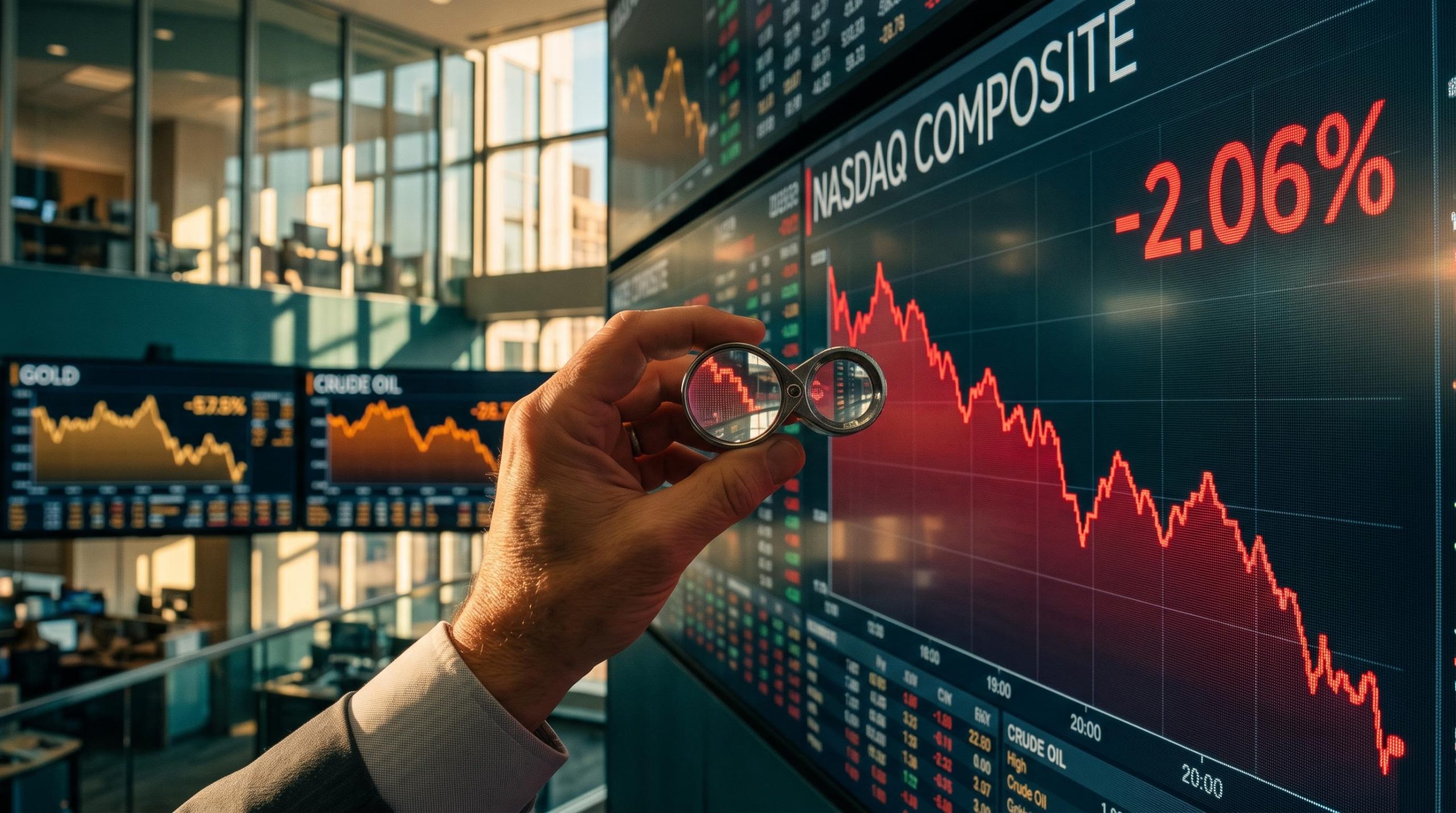 Trader's loupe over a falling Nasdaq chart showing -2.06% in a bear market playbook cross-asset analysis