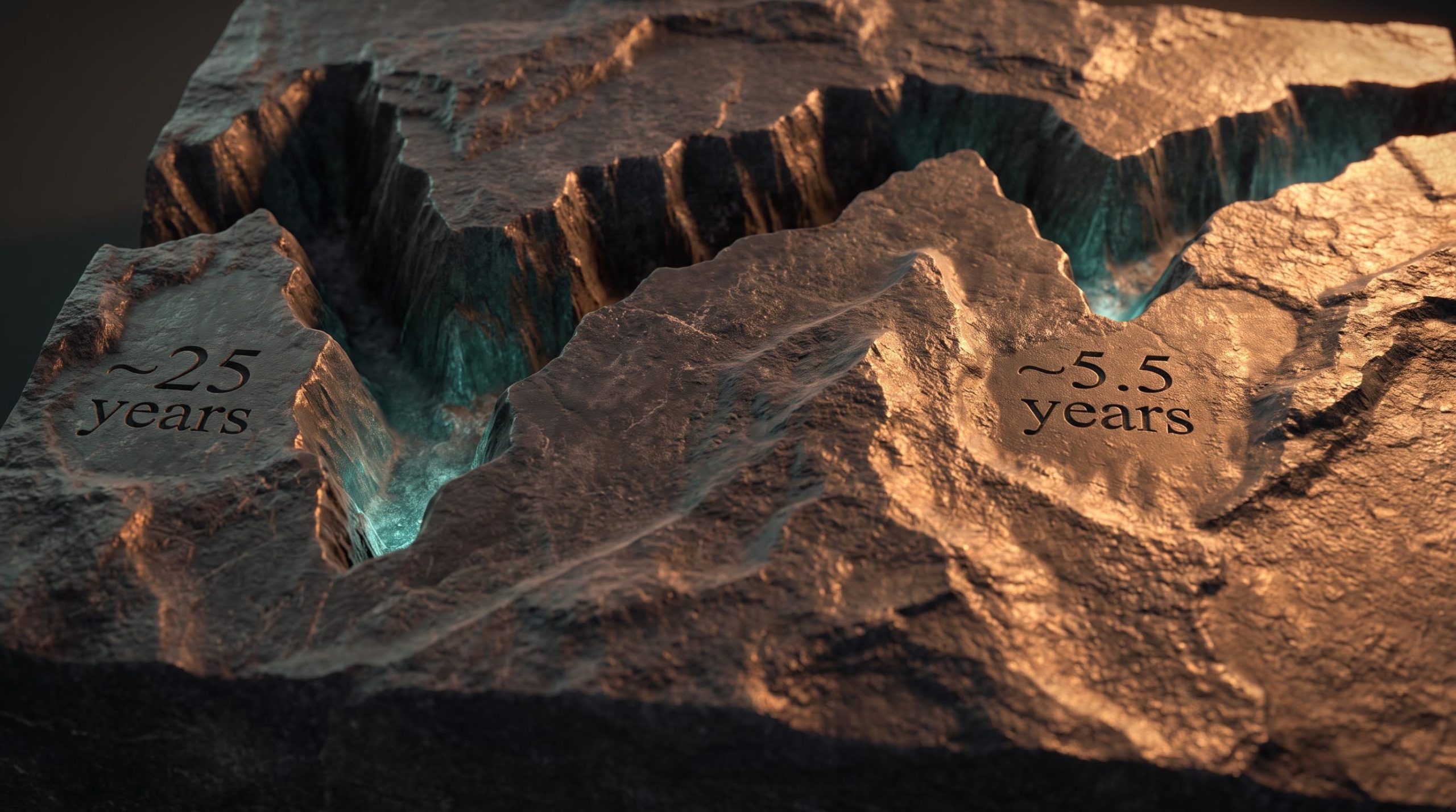 Basalt relief map of S&P 500 bear market cycles with recovery durations etched in stone, contrasting 25 vs 5.5 years