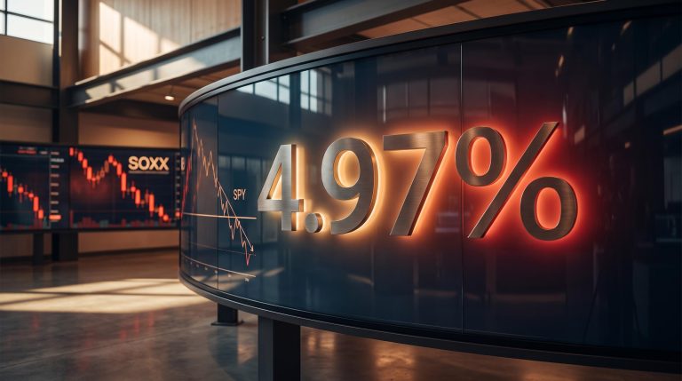 10-year Treasury yield at 4.97% on trading terminal as SPY breaks support — bearish market indicators converge