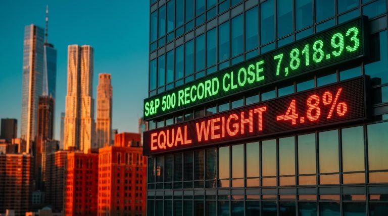 S&P 500 record close 7,818.93 beside red equal-weight drop, illustrating bearish market positioning divergence