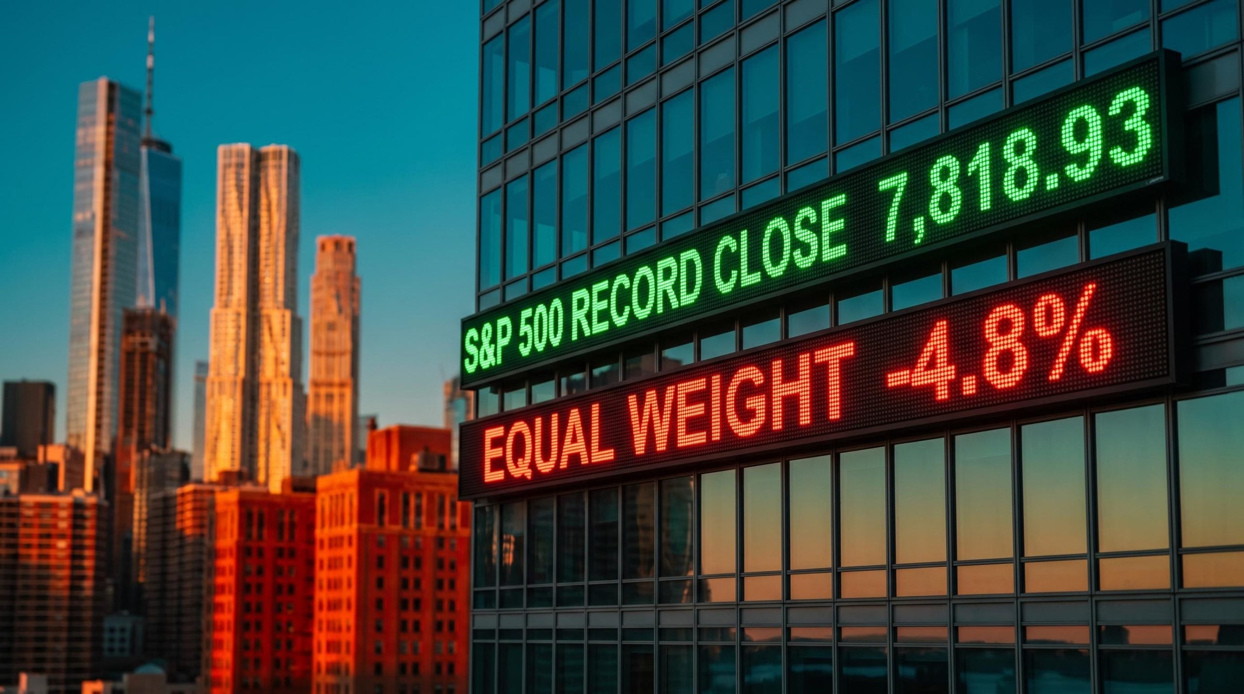 S&P 500 record close 7,818.93 beside red equal-weight drop, illustrating bearish market positioning divergence