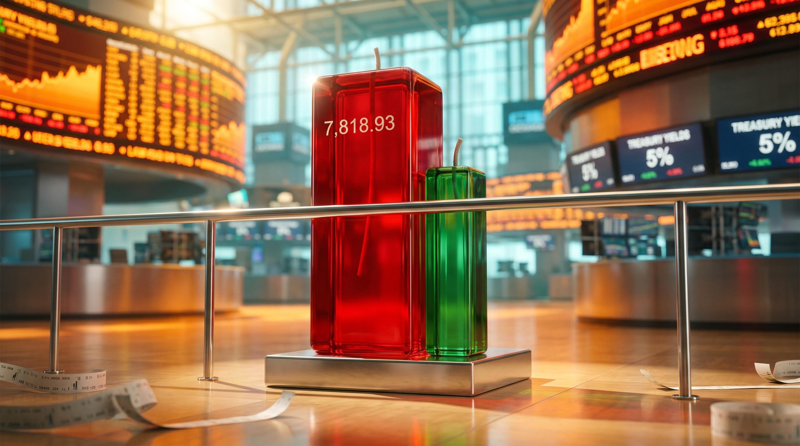 Giant red bearish engulfing candle sculpture on an exchange floor showing 7,818.93, illustrating bearish reversal signals