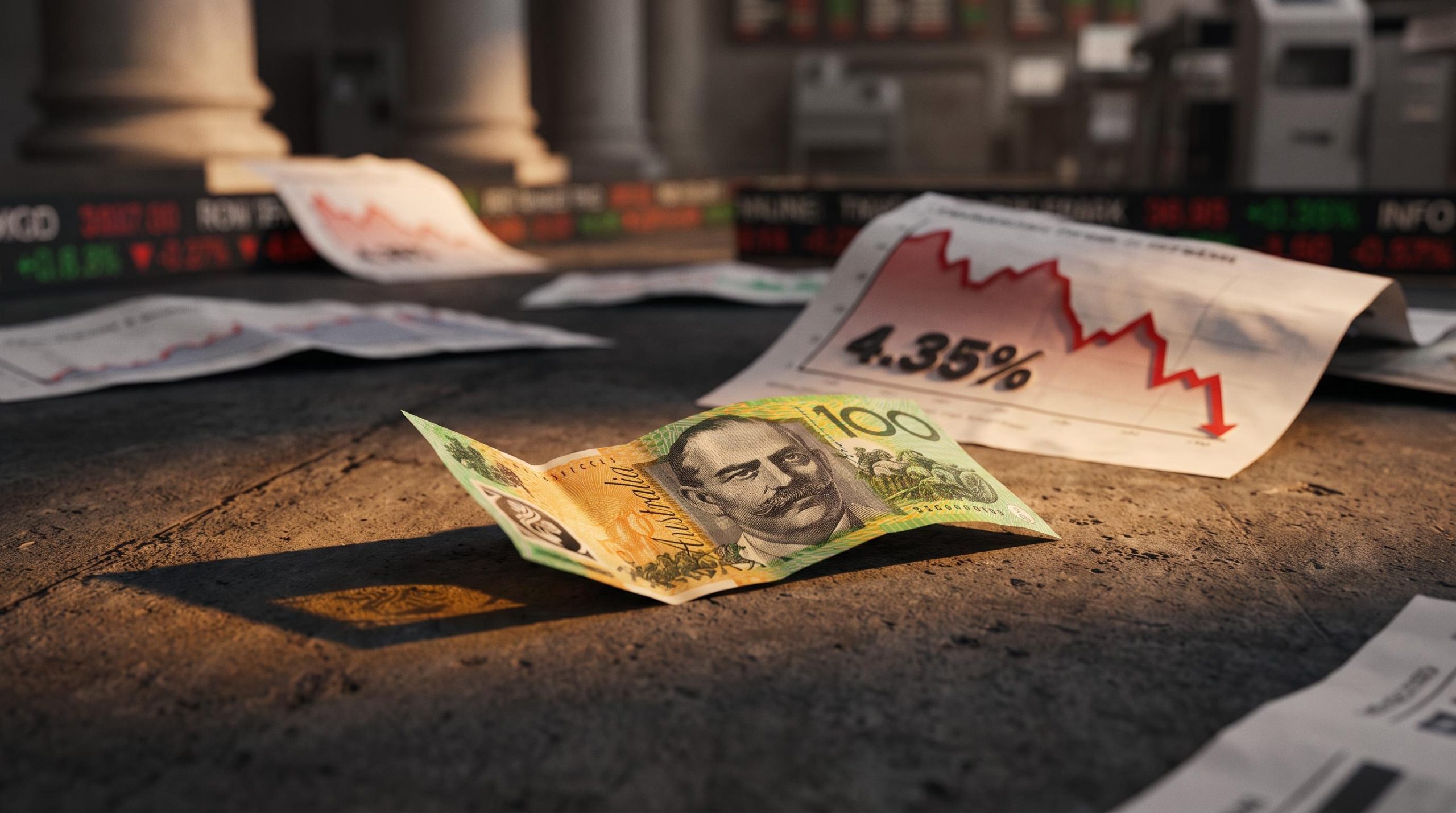 Crumpled Australian banknote on concrete with 4.35% RBA rate figure — beaten down stocks Australia analysis