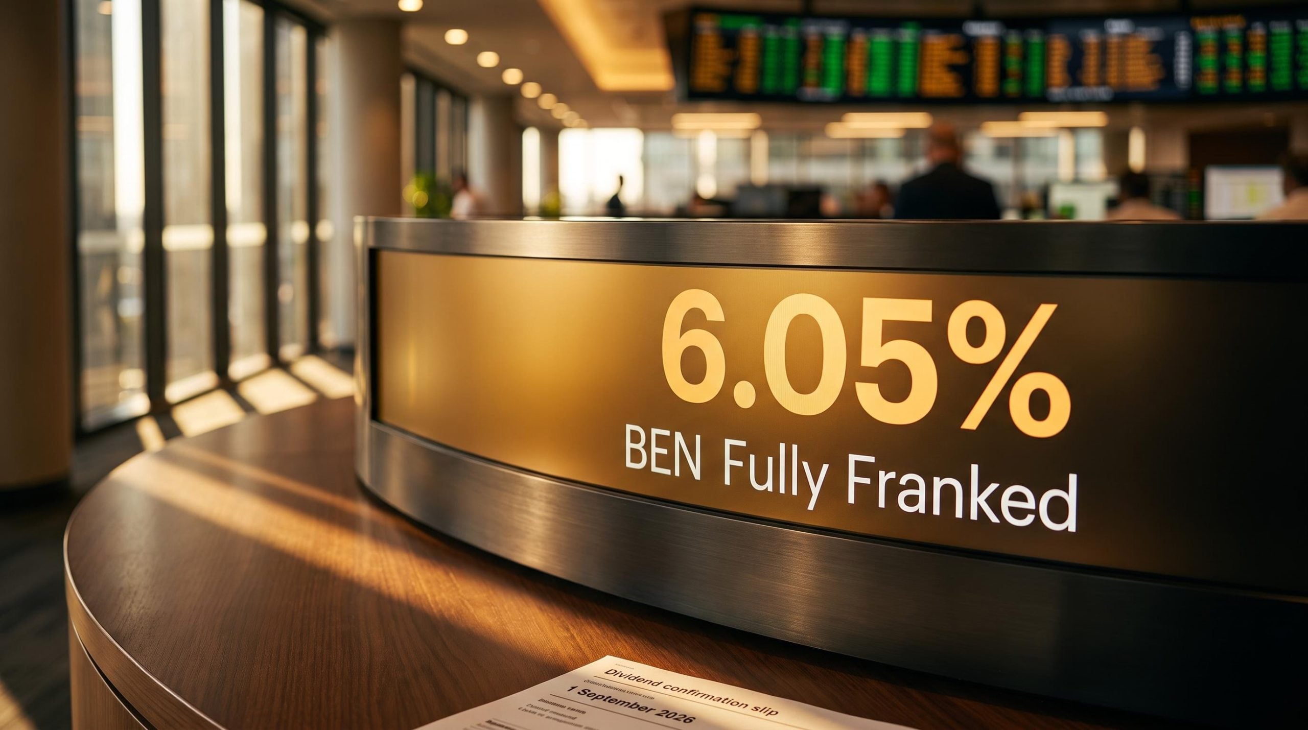 BEN stock screen showing 6.05% fully franked yield as Bendigo Bank dividend ex-date approaches 1 September 2026