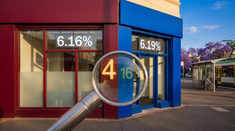 Bendigo Bank vs BOQ: magnifying glass over two bank shopfronts showing near-identical 6.16% and 6.19% dividend yields