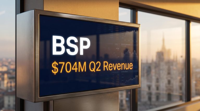 BSP ticker terminal showing $704M Q2 revenue with Milan skyline — Bending Spoons investment case analysis