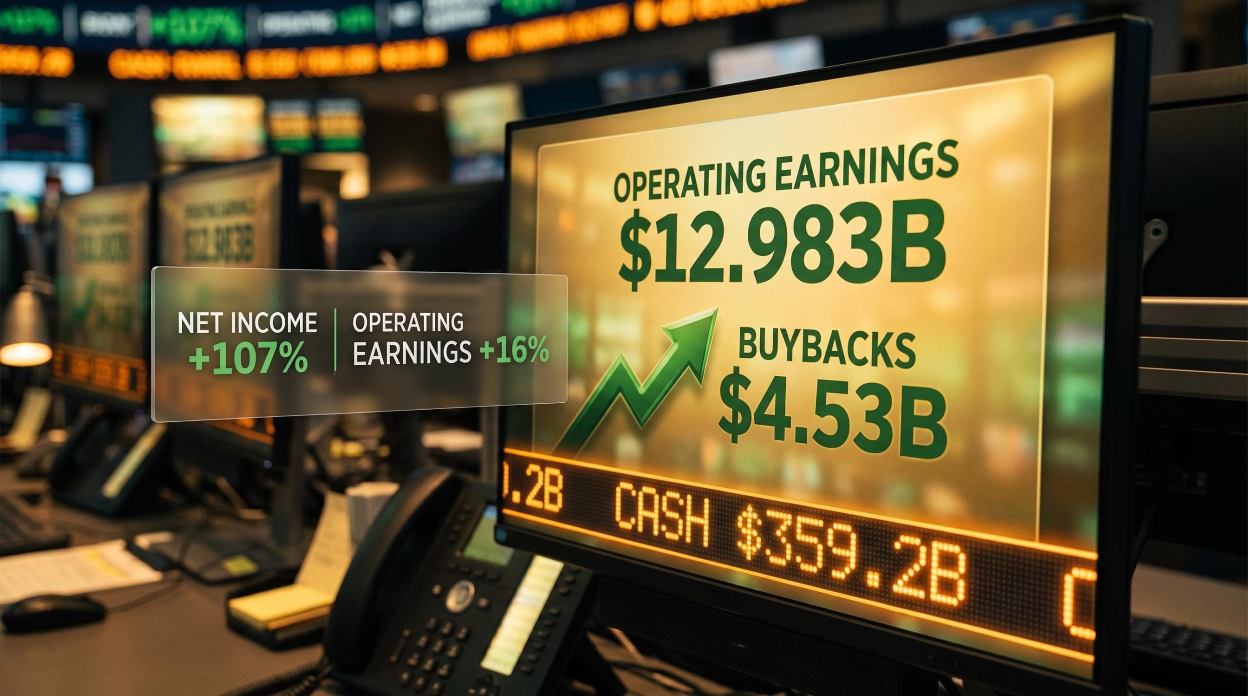 Berkshire Hathaway Q2 2026 earnings screen showing $12.983B operating earnings and $4.53B buybacks