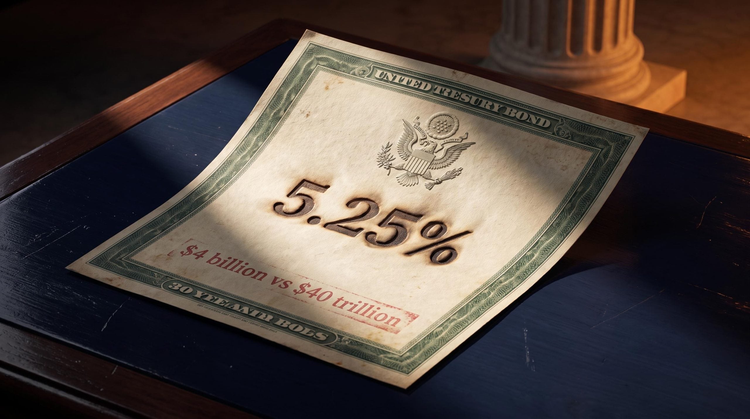 30-year Treasury bond certificate with 5.25% yield etched into surface, symbolising informal yield curve control limits