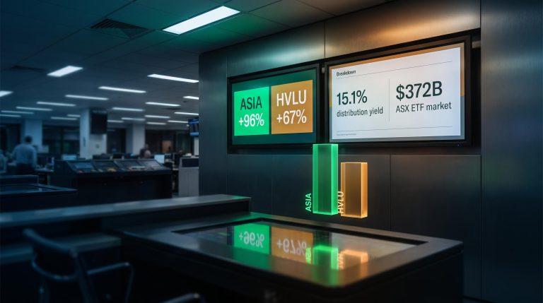 ASX ETF screens showing ASIA 96% and HVLU 67% FY26 returns with 15.1% yield data panel
