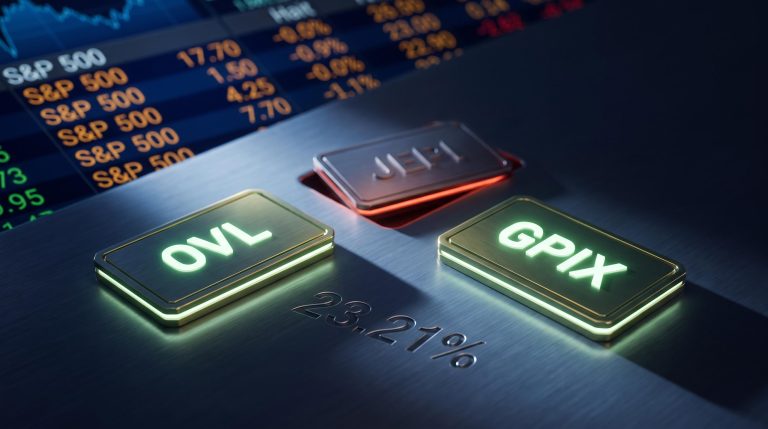 OVL and GPIX ETF cards rising above a sinking JEPI card on a trading surface with 23.21% return etched in metal