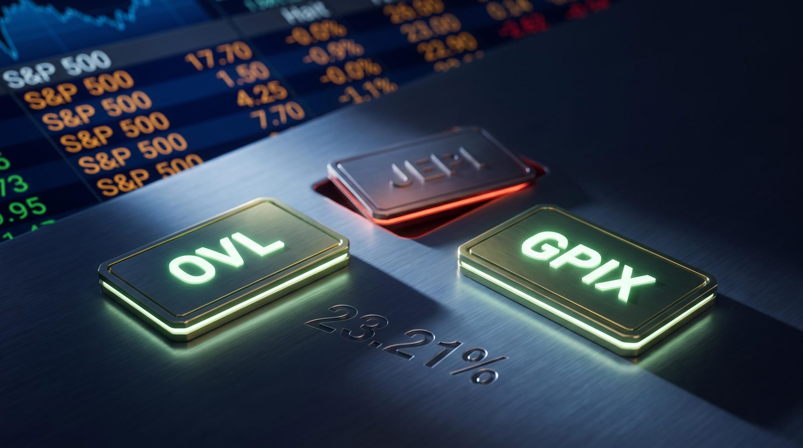 OVL and GPIX ETF cards rising above a sinking JEPI card on a trading surface with 23.21% return etched in metal