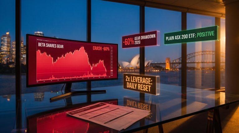 BetaShares GEAR chart showing 60% COVID crash alongside plain ASX 200 ETF positive return — leveraged ETFs Australia risk