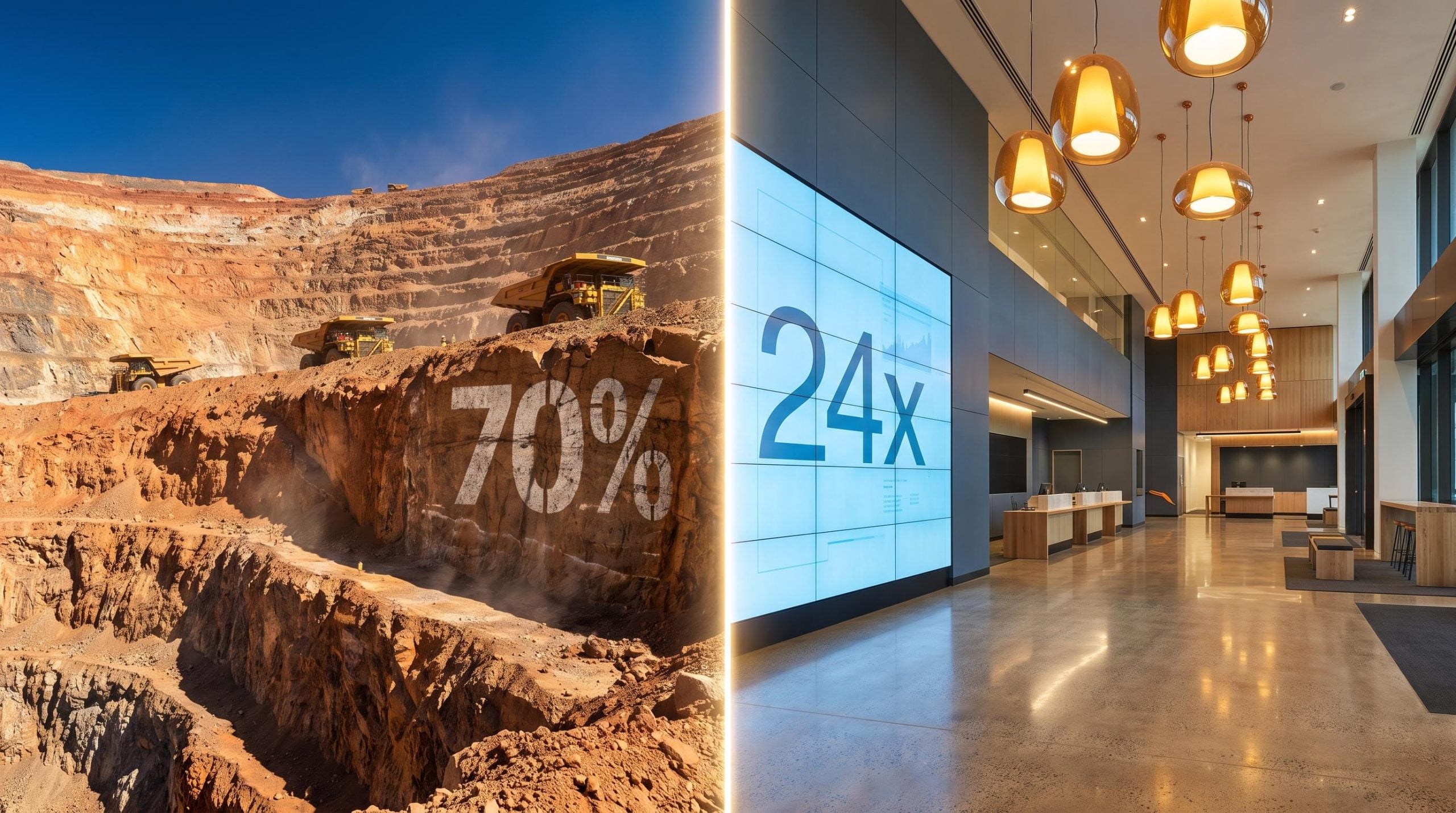 BHP copper mine pit at 70% EBITDA margin contrasted with CBA bank interior at 24x forward PE valuation