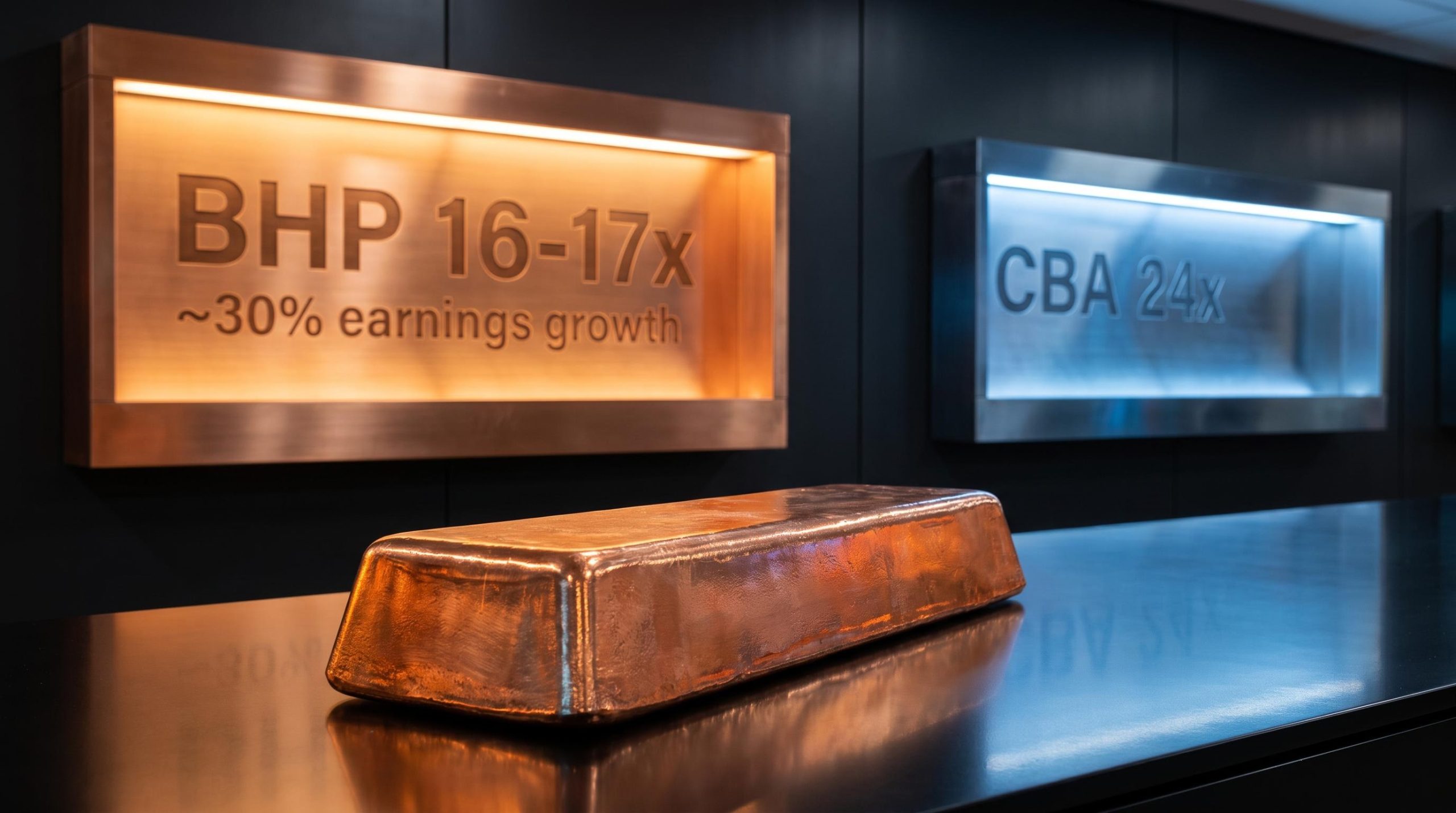 BHP copper ingot foreground with BHP 16-17x vs CBA 24x valuation panels — ASX allocation analysis