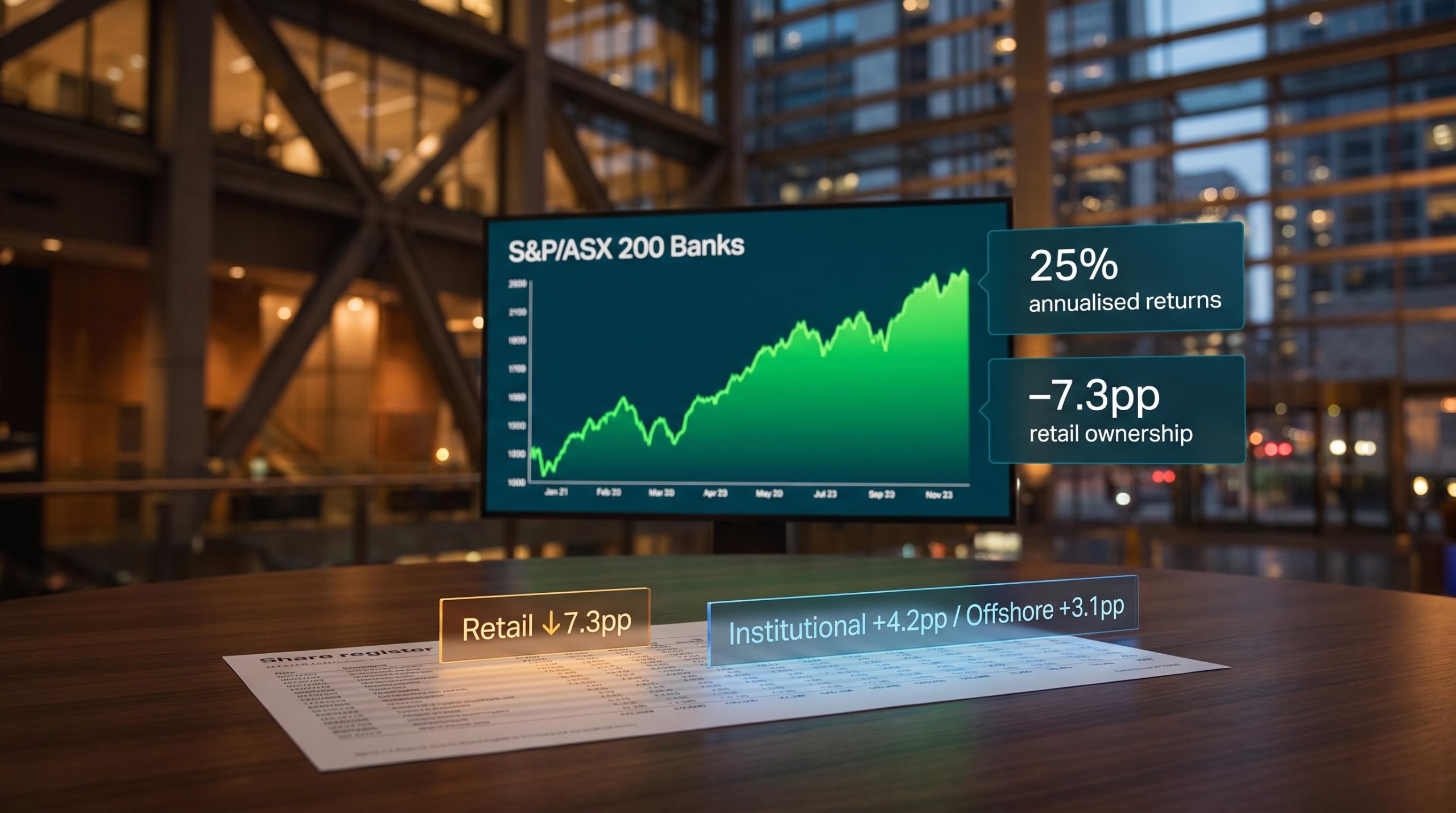 ASX 200 Banks index chart showing 25% annualised returns as retail ownership falls 7.3pp to institutional buyers