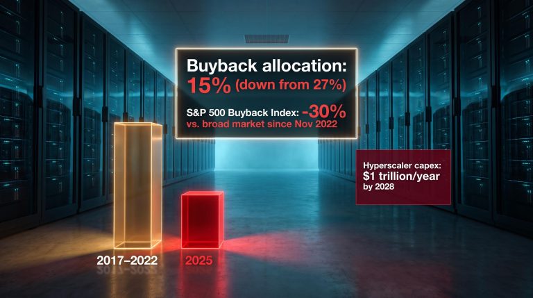 Big Tech buyback allocation collapses from 27% to 15% as AI capex drives 30% S